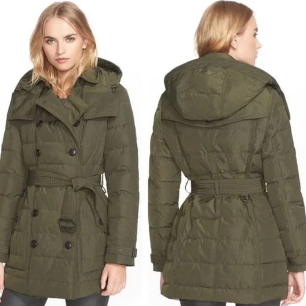 Burberry Olive Green Quilted Belted Hooded Puffer Jacket